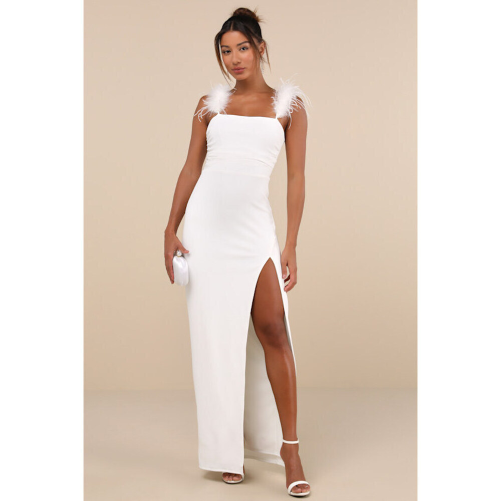 Lulus Dramatic Promise White Feather Strap Ruched Column Maxi Dress - Size M